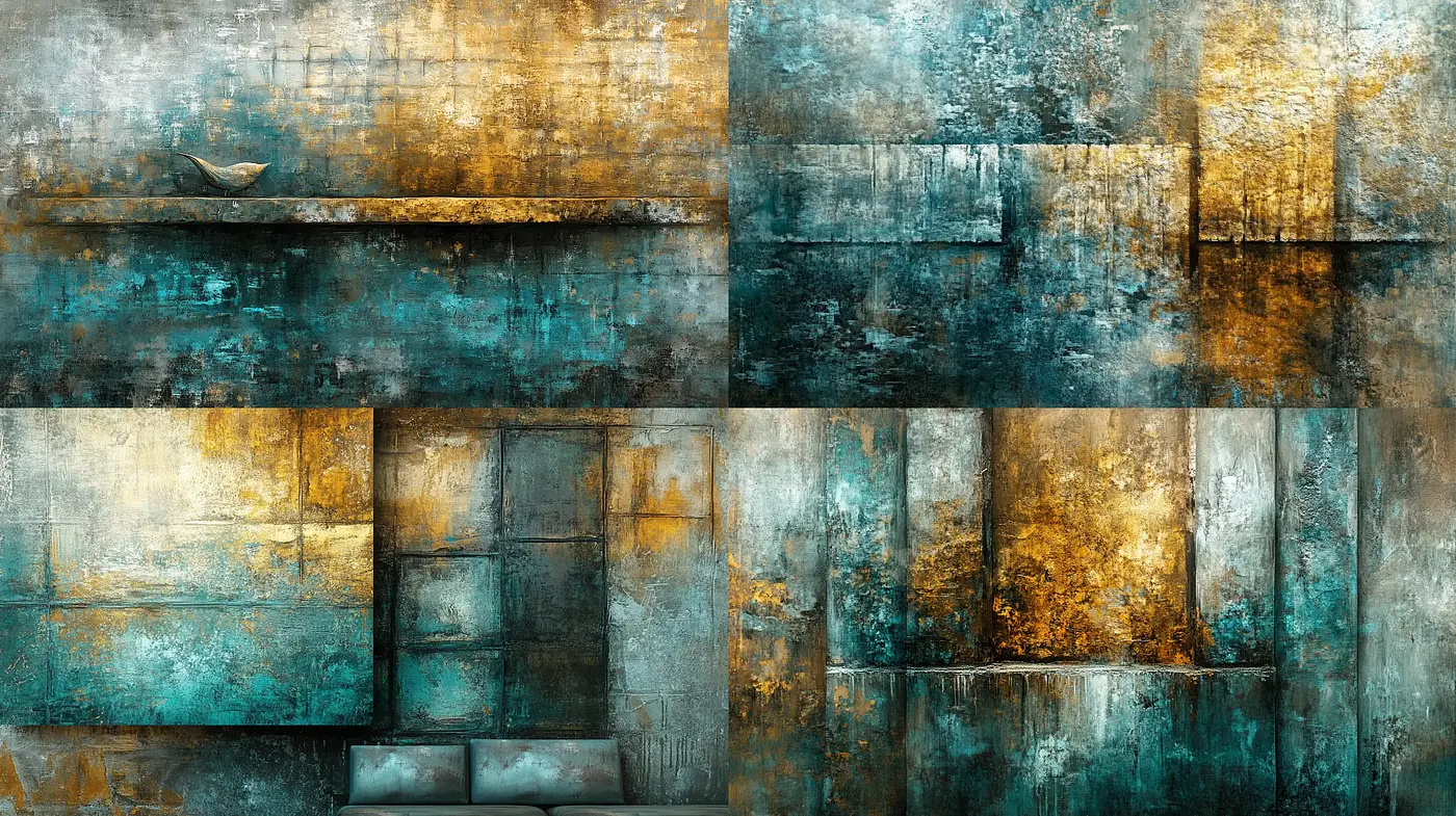 Weathered Elegance in Azure and Gold: A Study in Textured Abstraction - Midjourney sref style