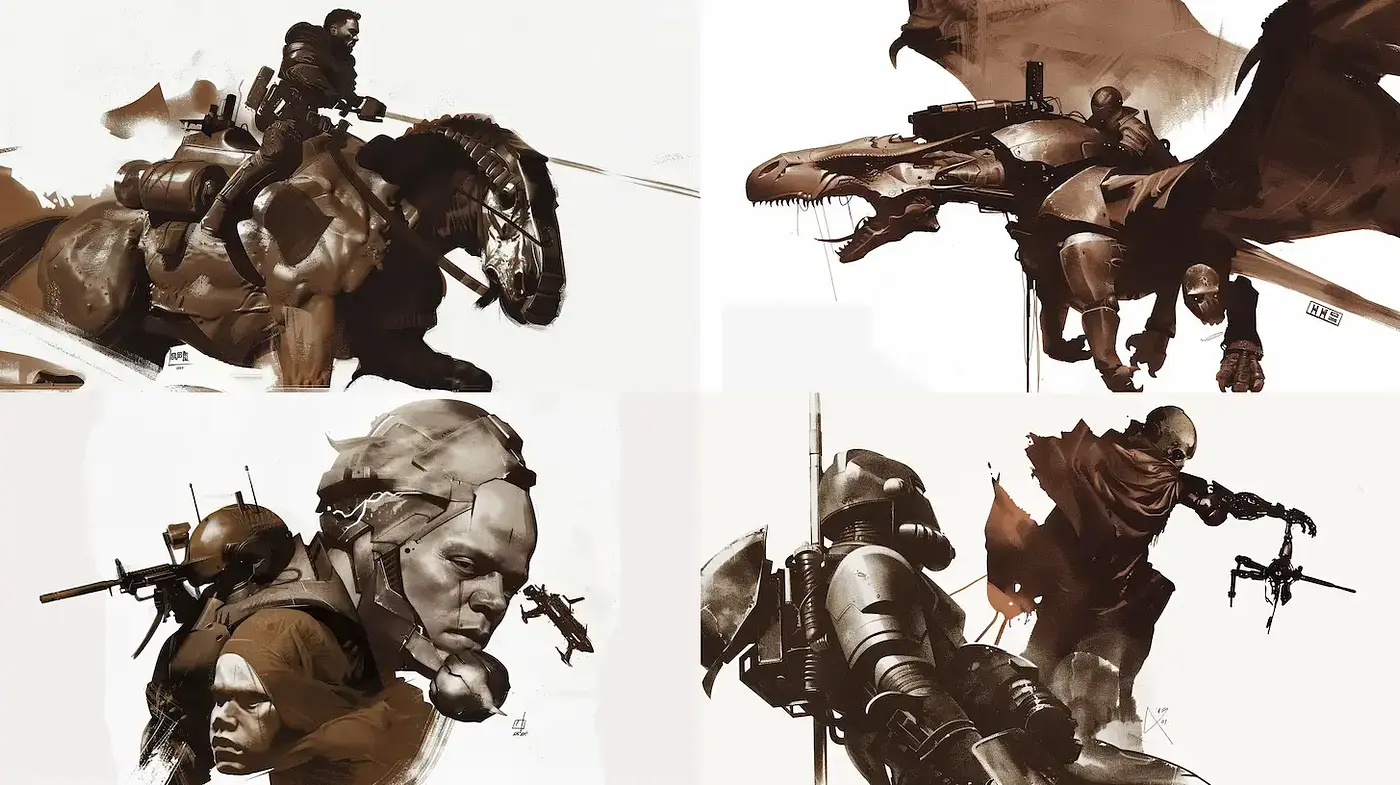 Futuristic and gritty warrior aesthetics with a blend of fantasy elements - Midjourney sref style