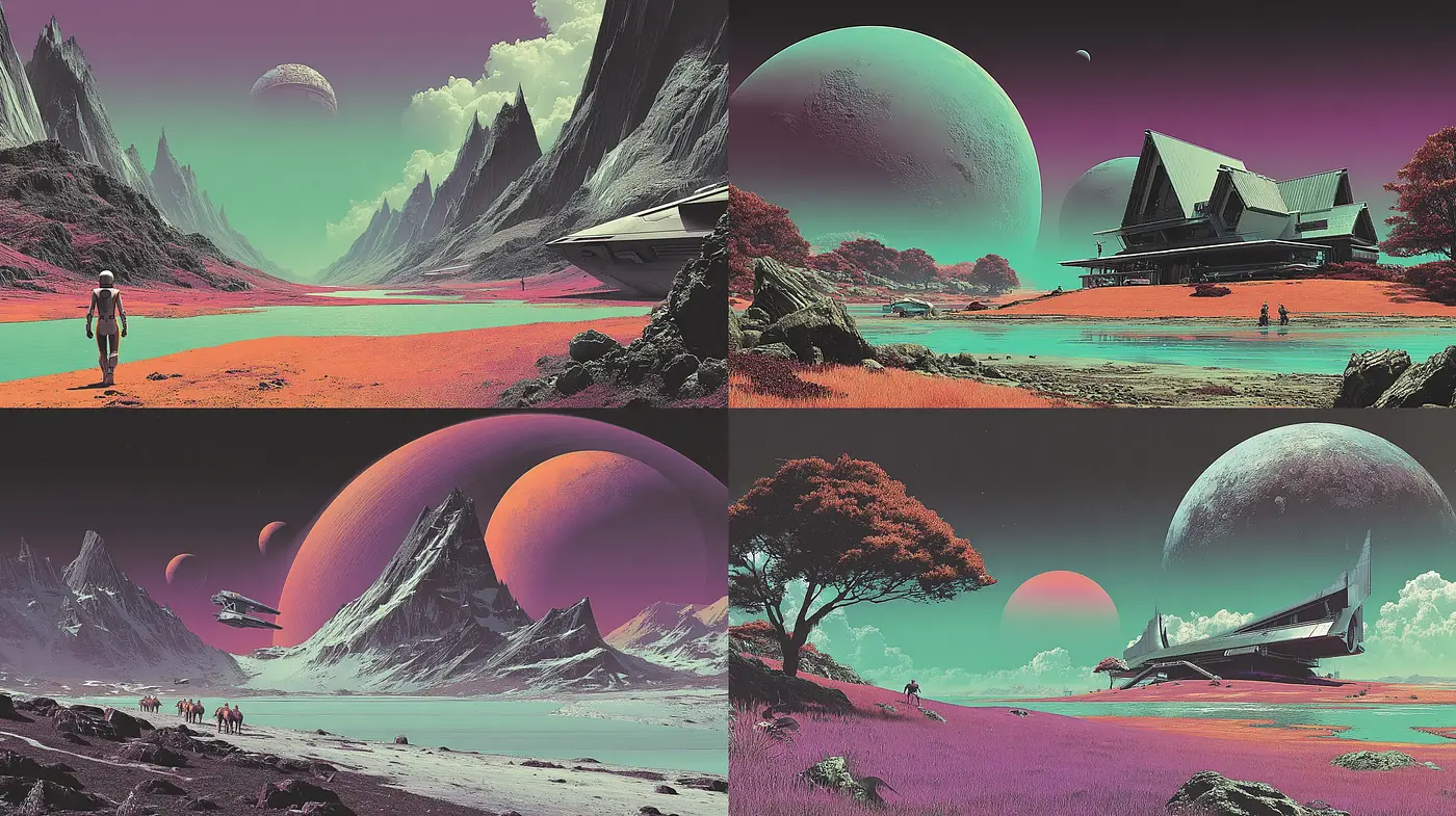 Futuristic landscapes with a cosmic twist and vibrant color contrasts - Midjourney sref style