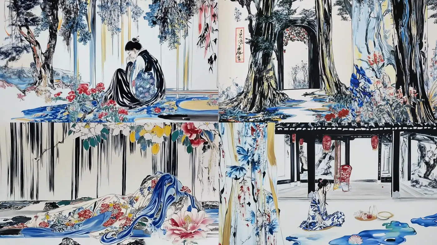 Ethereal Ink Wash Dreamscapes Blending Traditional Asian Art with Surrealism - Midjourney sref style
