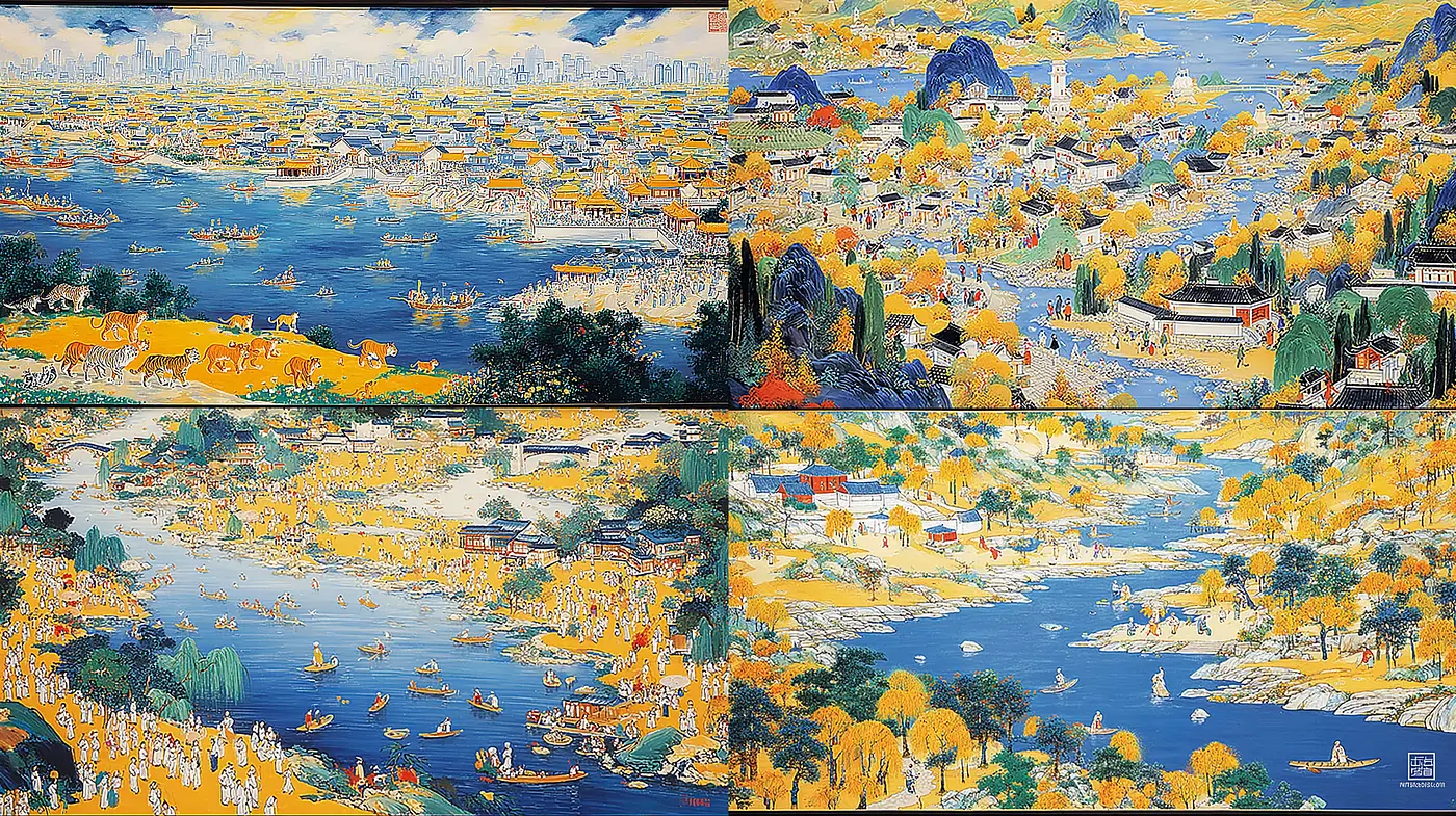 Captivating Harmonies of Nature and Community in Distinctive Landscape Art - Midjourney sref style