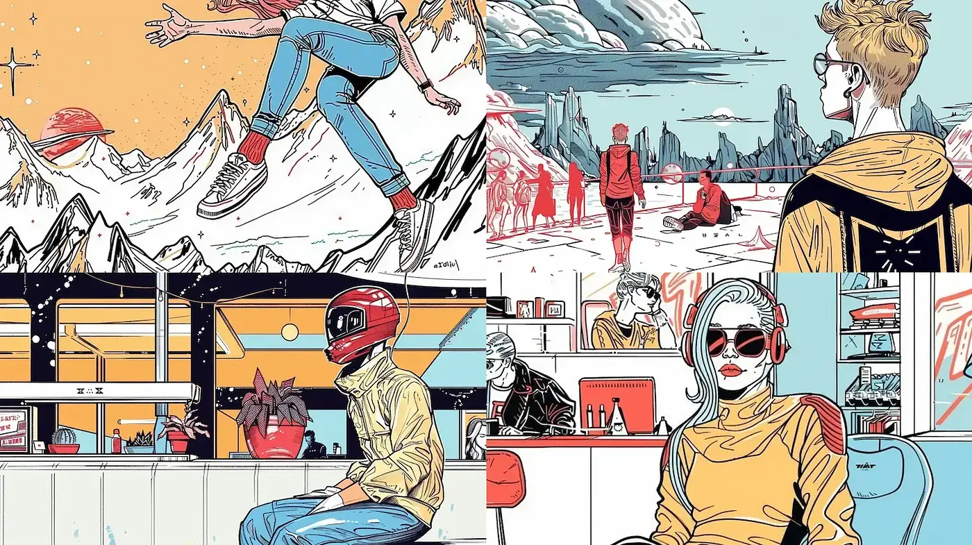 Contemporary Illustrative Style with Retro-Futuristic Influences and a Pop Art Aesthetic - Midjourney sref style