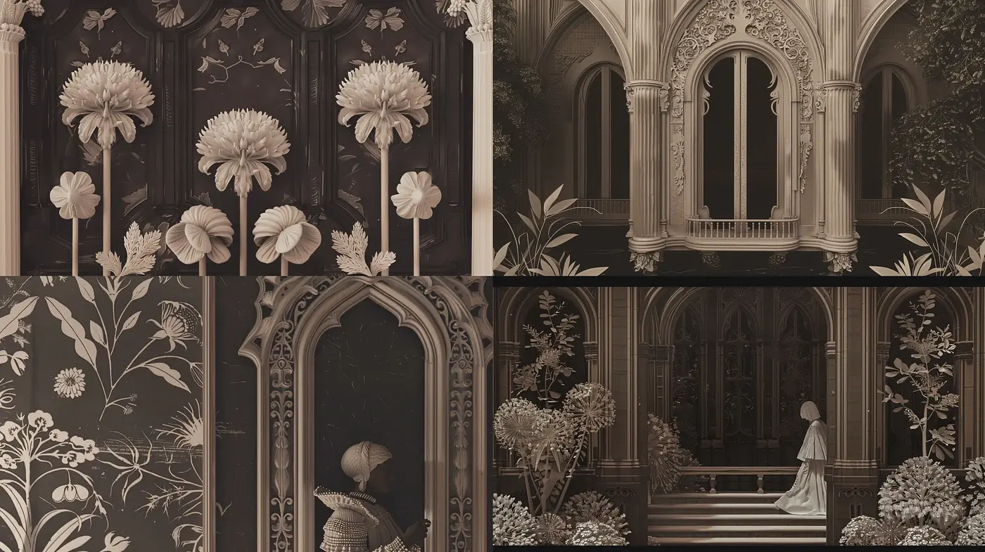 A monochromatic ode to gothic architectural elegance and floral detail - Midjourney sref style