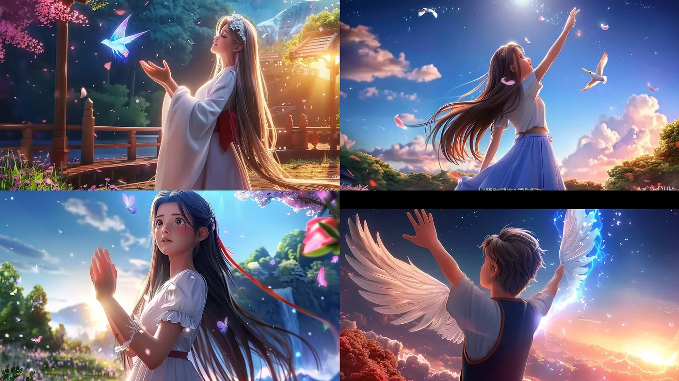 Ethereal Luminescence: a Harmonious Blend of Anime Elegance and Magical Sunrise Hues - Midjourney sref style