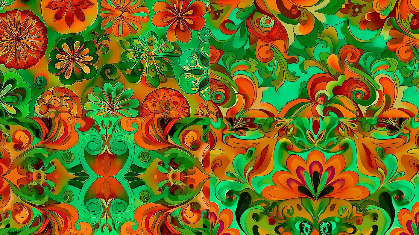 Vibrant Retro Floral Patterns with a Kaleidoscopic Influence - Midjourney sref style