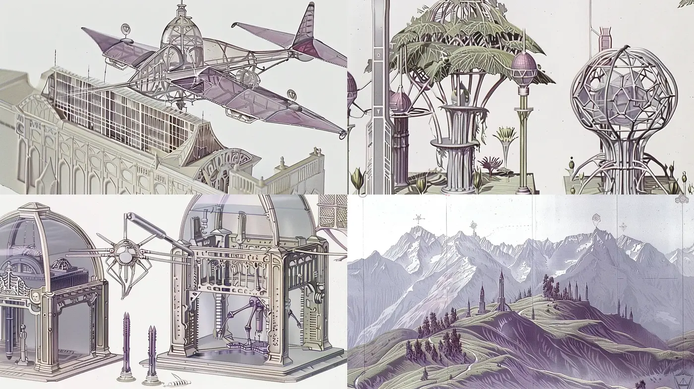 Ethereal Architectural Dreamscape with a Retro-Futuristic Essence - Midjourney sref style