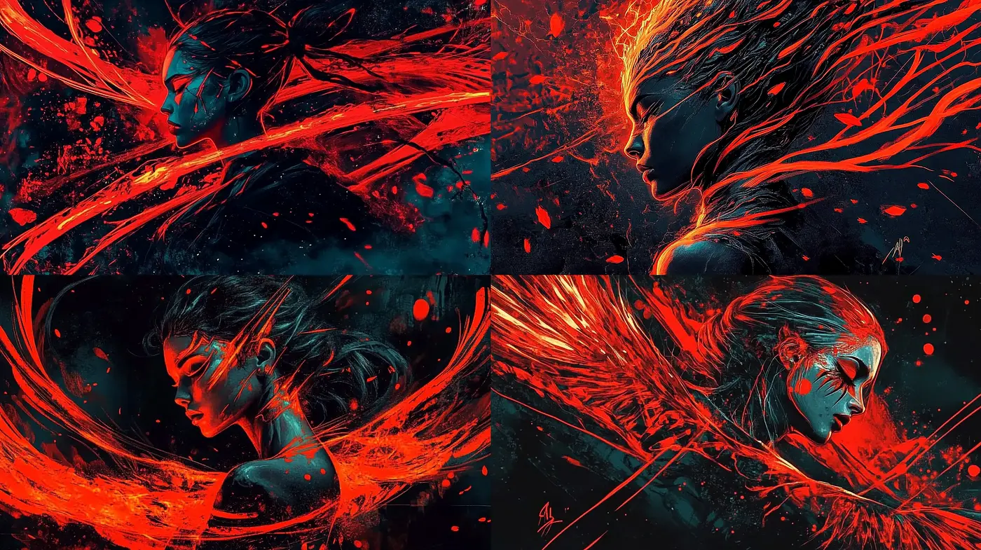Energetic Blaze of Crimson and Sapphire: An Abstract Digital Fusion - Midjourney sref style