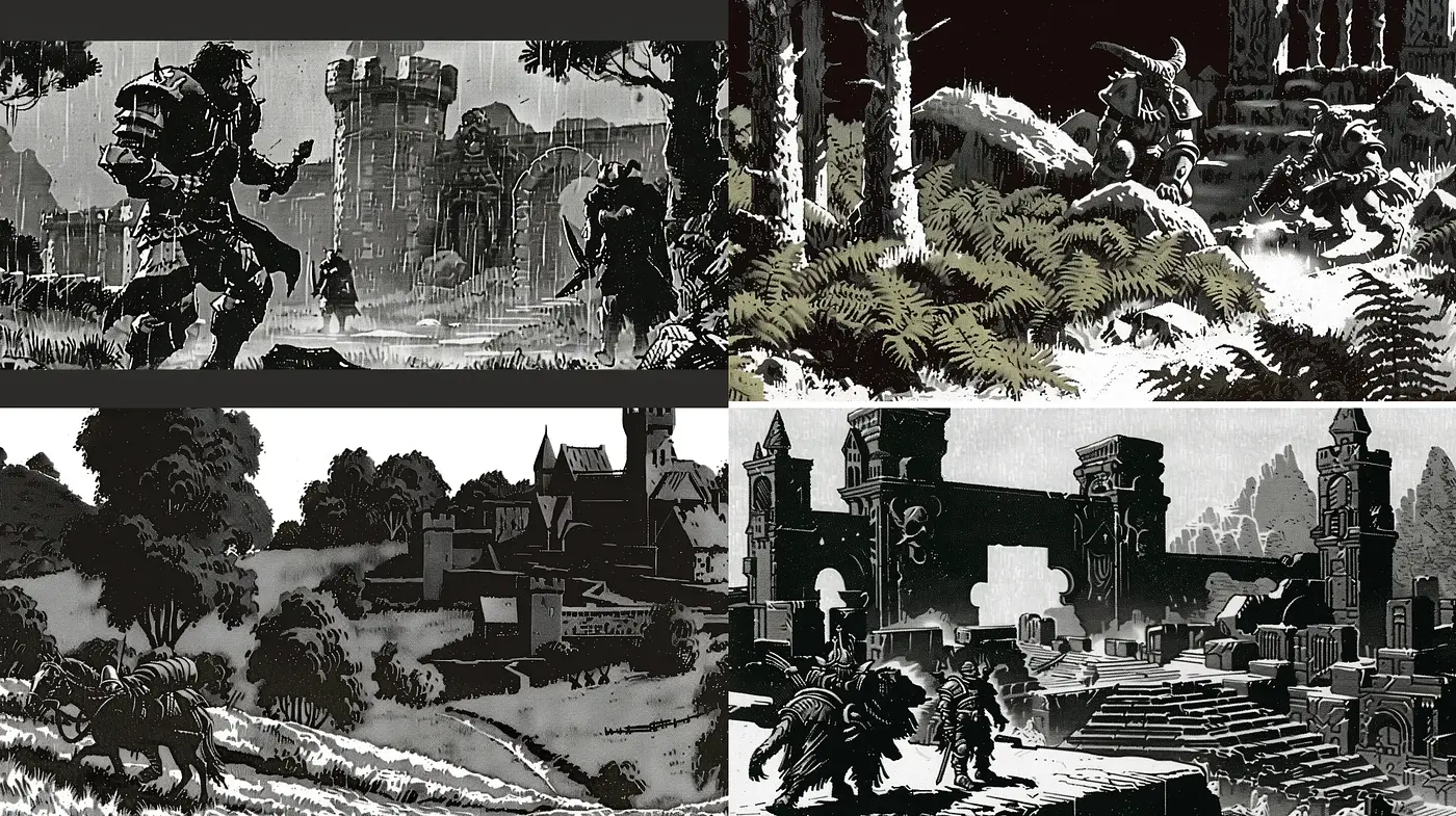 Monochromatic Nostalgia in Stippled Fantasy Landscapes - Midjourney sref style
