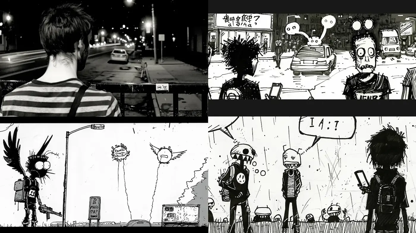 Dark, expressive street art with surreal elements - Midjourney sref style