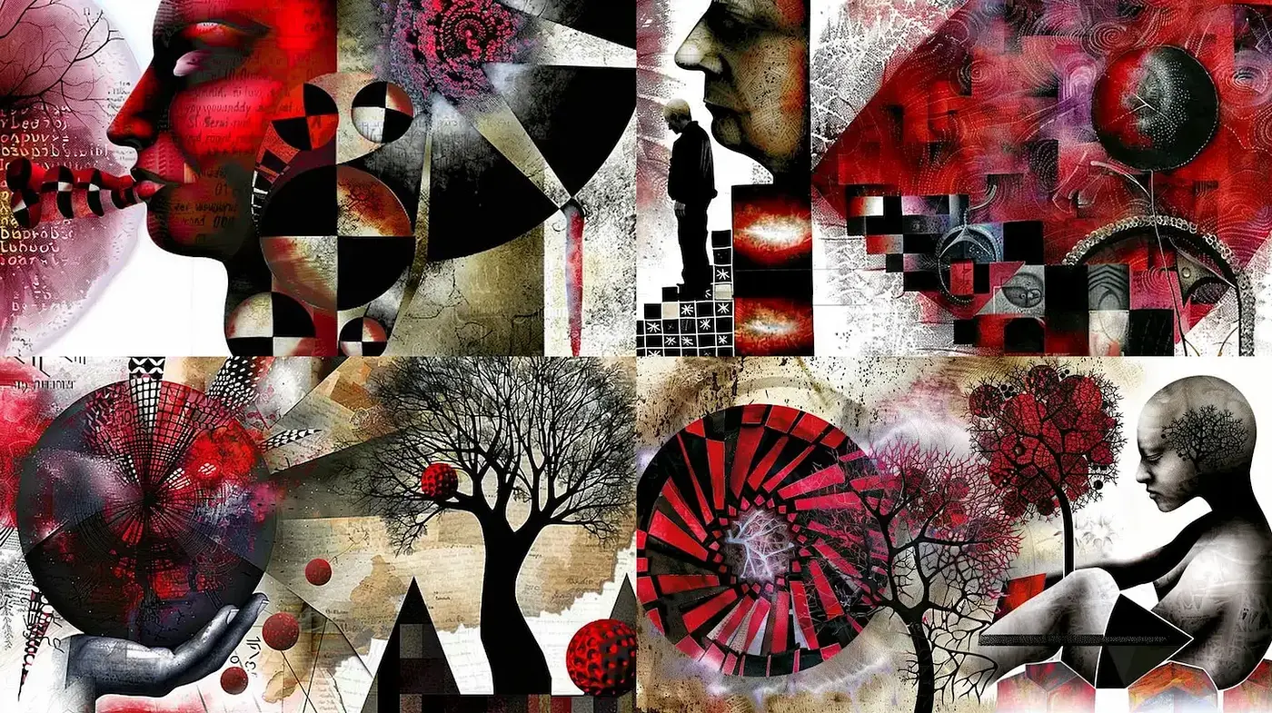 Abstract Expressionism with Geometric Patterns and Figurative Elements - Midjourney sref style