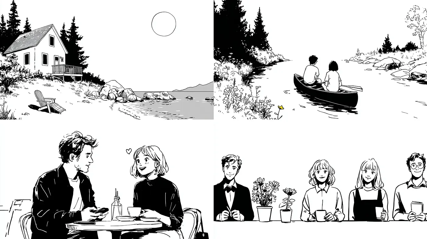 Contemporary Minimalist Black and White Illustrations with a Romantic Undertone - Midjourney sref style