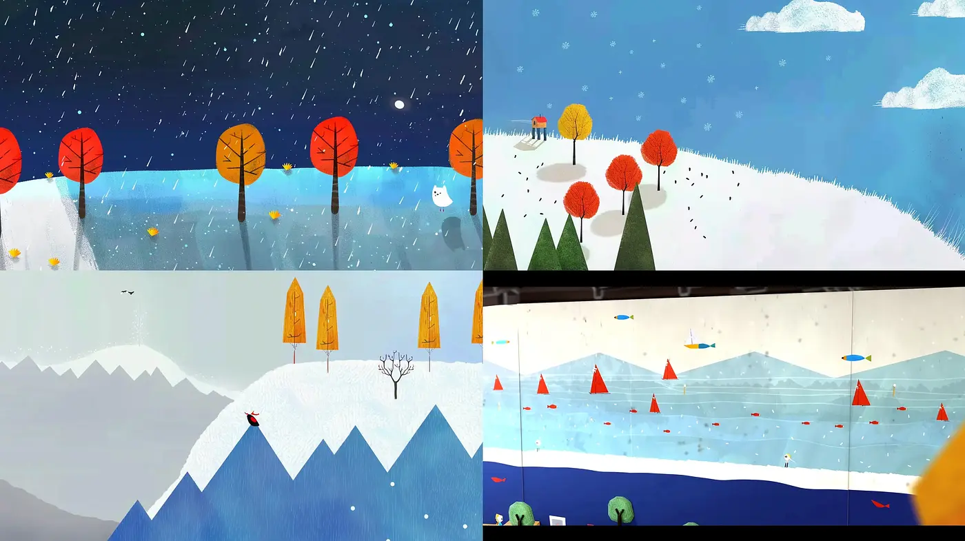 Whimsical Landscape Fusion with Stylized Nature and Seasonal Shifts - Midjourney sref style