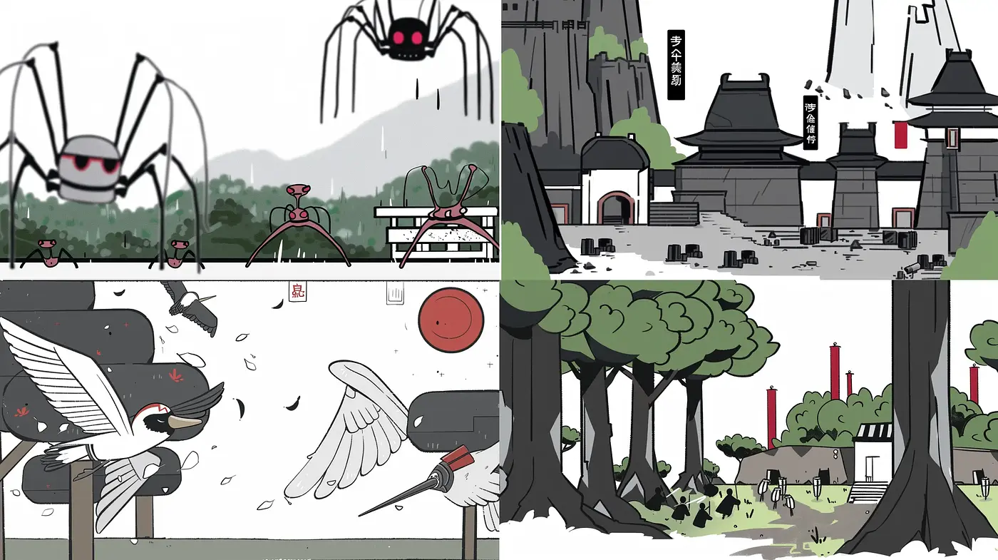 Monochrome Fantasy: A Consistent Palette with Stylized Linework and Contrasting Accents - Midjourney sref style