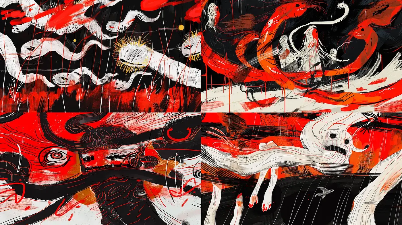 Dynamic and Intense Illustrative Style with Bold Color Contrast and Abstract Elements - Midjourney sref style