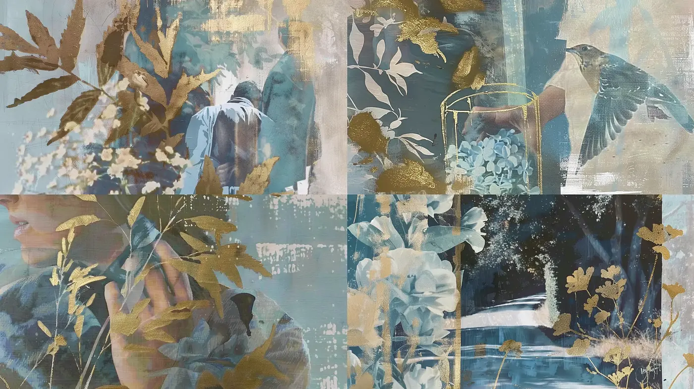 Contemplative Botanical Collage in Subdued Watercolor Tones - Midjourney sref style