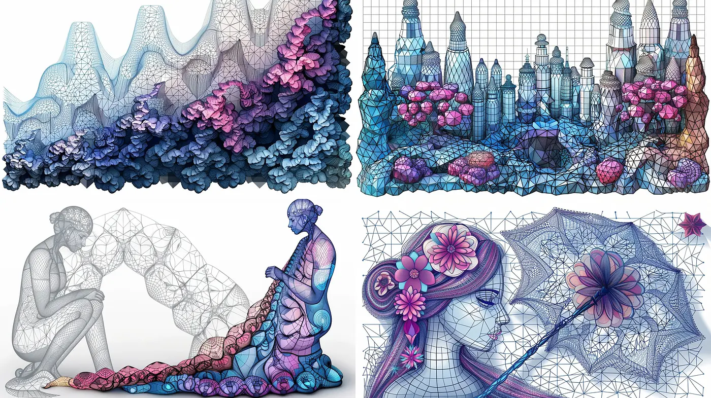 Geometric Blossom: Exploring the Symbiosis of Structural Forms and Florals in Art - Midjourney sref style