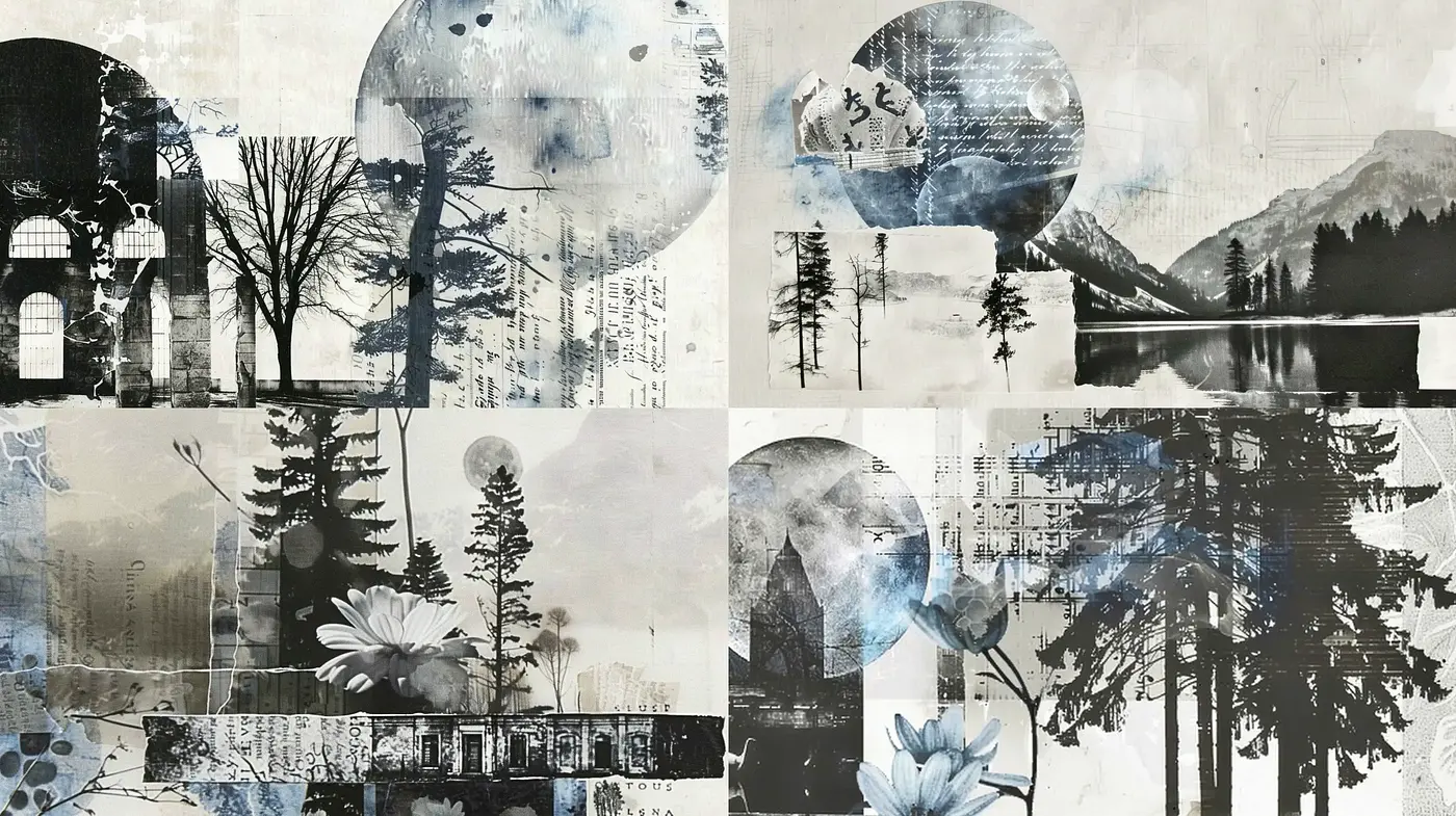 Monochromatic Dreamscape Collage - Midjourney sref style