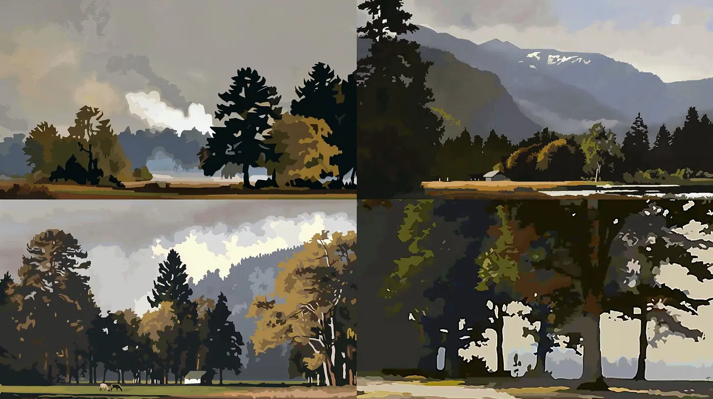 Consistent Textural Essence: A Homage to Natural Serenity and Stylized Landscapes - Midjourney sref style
