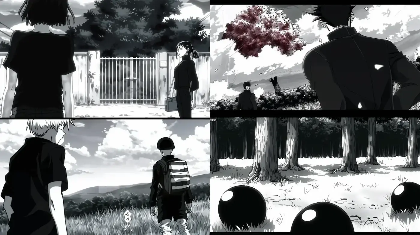 Monochromatic Anime-Inspired Dramatic Scenes with Nature Elements - Midjourney sref style