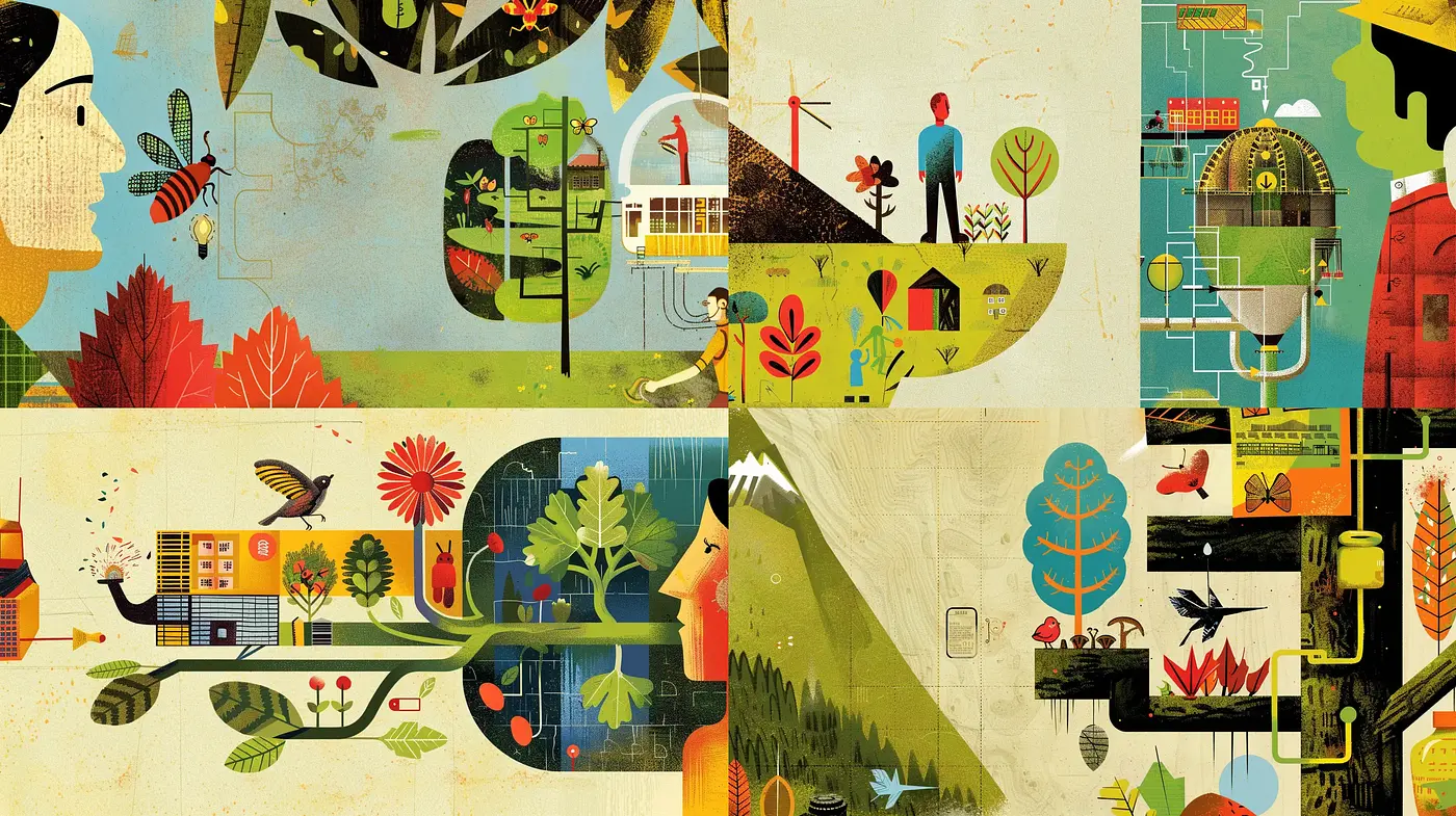 Modern Pastoral Fusion with Stylized Nature and Retro Palettes - Midjourney sref style