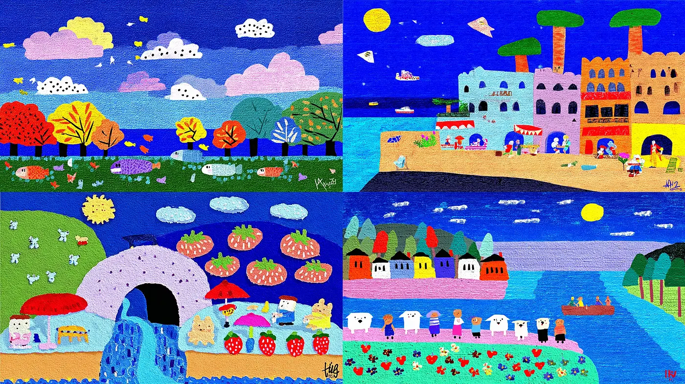 Whimsical, colorful landscapes with a playful ambiance - Midjourney sref style