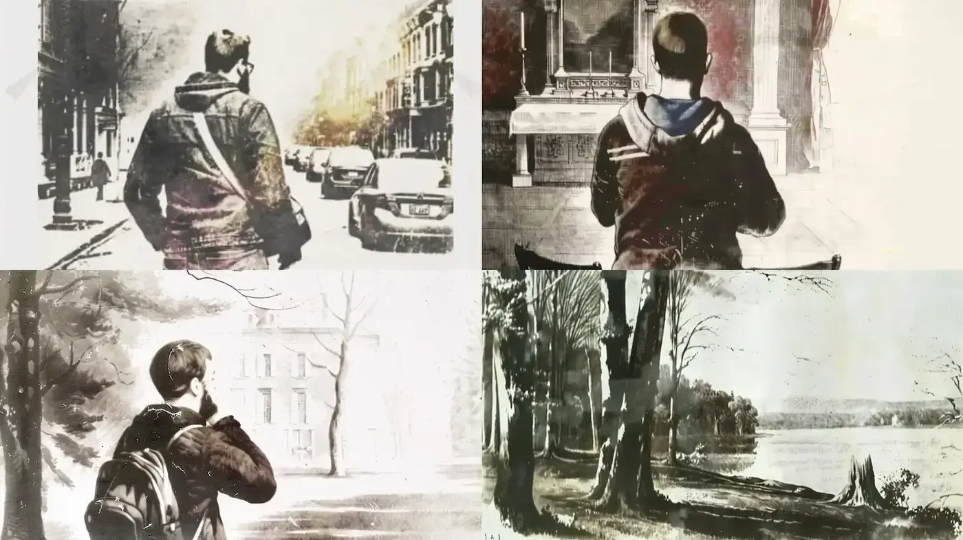 Artistic exploration of urban and natural environments with a monochromatic touch - Midjourney sref style