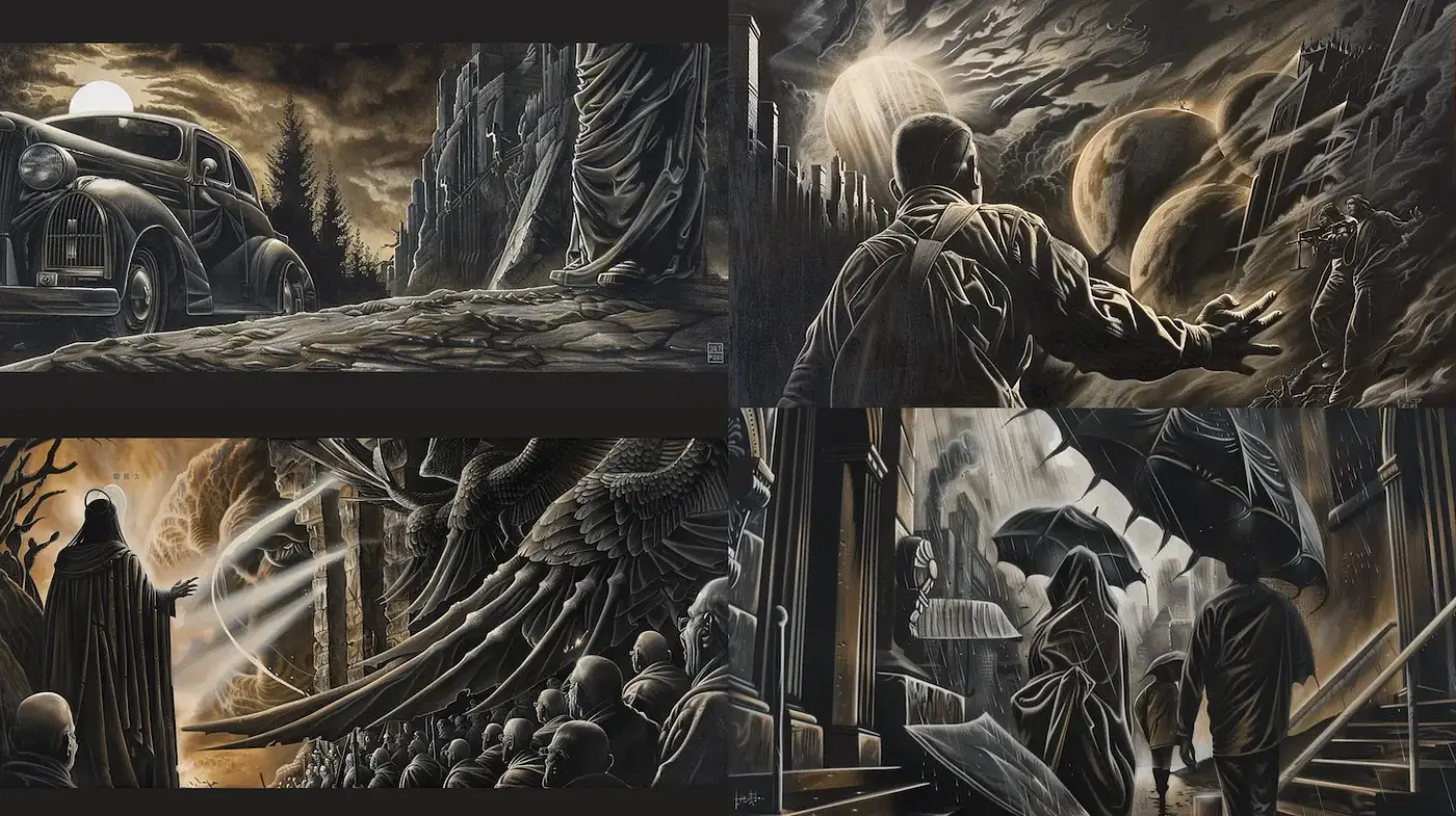 Dramatic monochrome artistry with a surreal and cinematic influence - Midjourney sref style