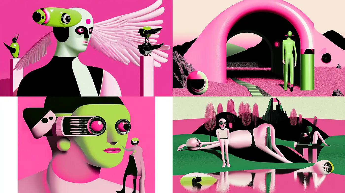 Surreal Digital Dreamscape with Vivid Contrasts and Futuristic Overtones - Midjourney sref style