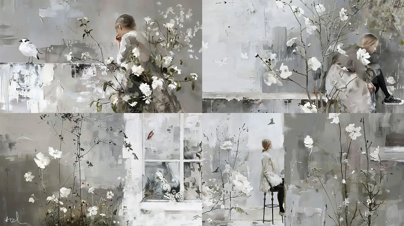 Ethereal Monochromatic Elegance in Textured Serenity - Midjourney sref style