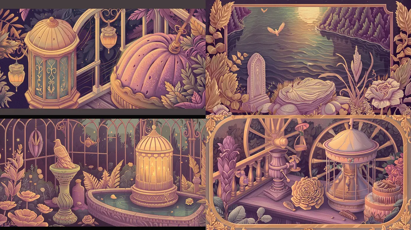 Enchanted Twilight Gardens: A Harmonious Blend of Art Nouveau Elegance and Fairytale Whimsy - Midjourney sref style