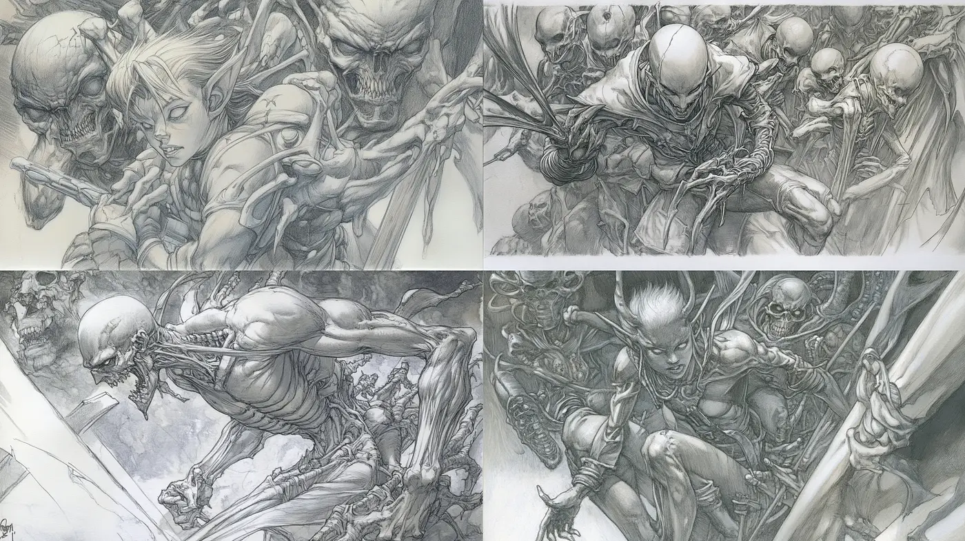 Monochrome Phantasmagoria: A Homage to Fantastical Realism and Dark Illustration - Midjourney sref style