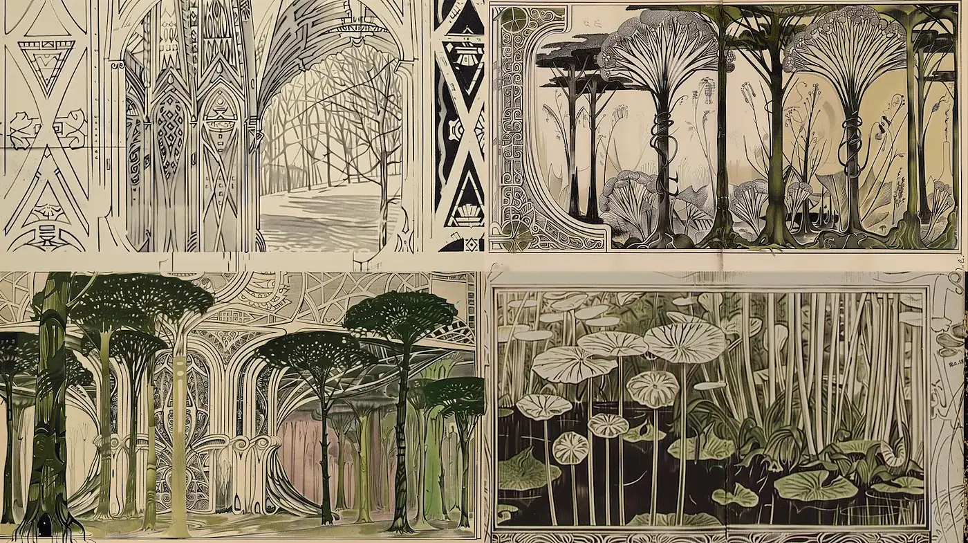 Intricate Art Nouveau Landscapes with Ethereal Elements - Midjourney sref style