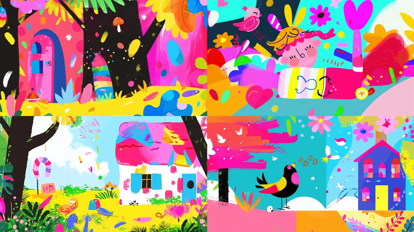 Vibrant Whimsical Fantasy: A Joyous Mélange of Nature and Dreamlike Structures - Midjourney sref style