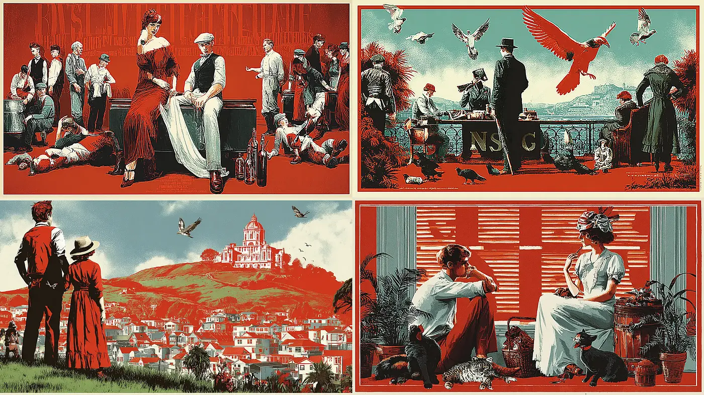 Vintage Illustrative Composition with Nostalgic Hues and Character Focus - Midjourney sref style