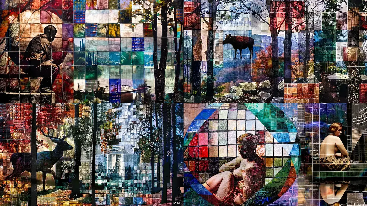 Vibrant Mosaic Art with Natural Elements and Nostalgic Undertones - Midjourney sref style