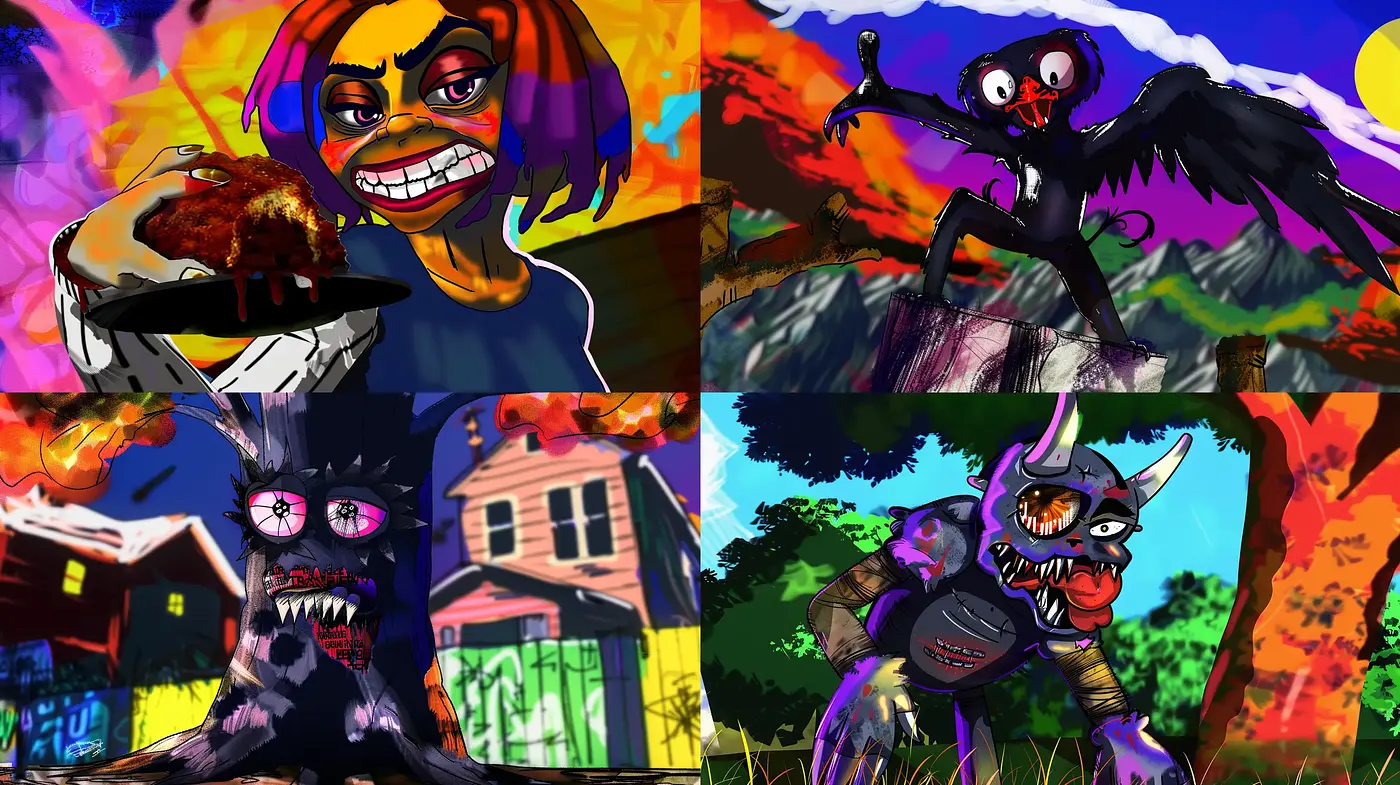 Surreal Nightmare Expressionism with Vivid Chromatic Contrasts - Midjourney sref style