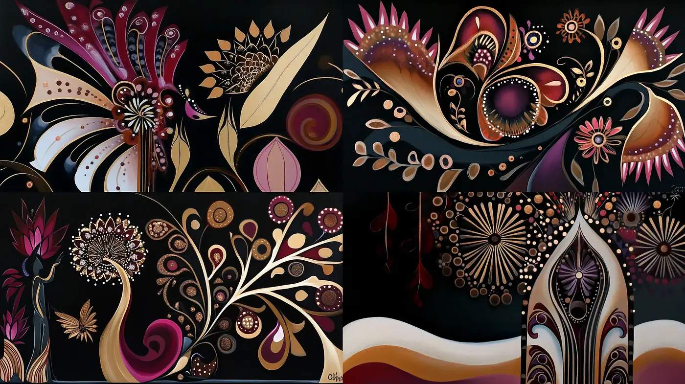 Enigmatic Floral Symphony in Gold and Crimson on Nocturnal Canvas - Midjourney sref style