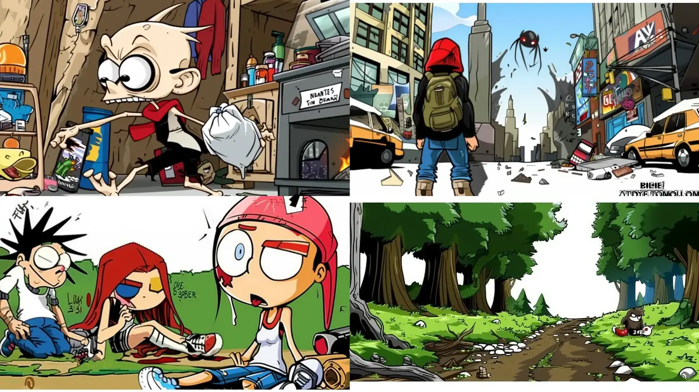 Dynamic Cartoon Illustrations with Urban Adventure Vibes - Midjourney sref style