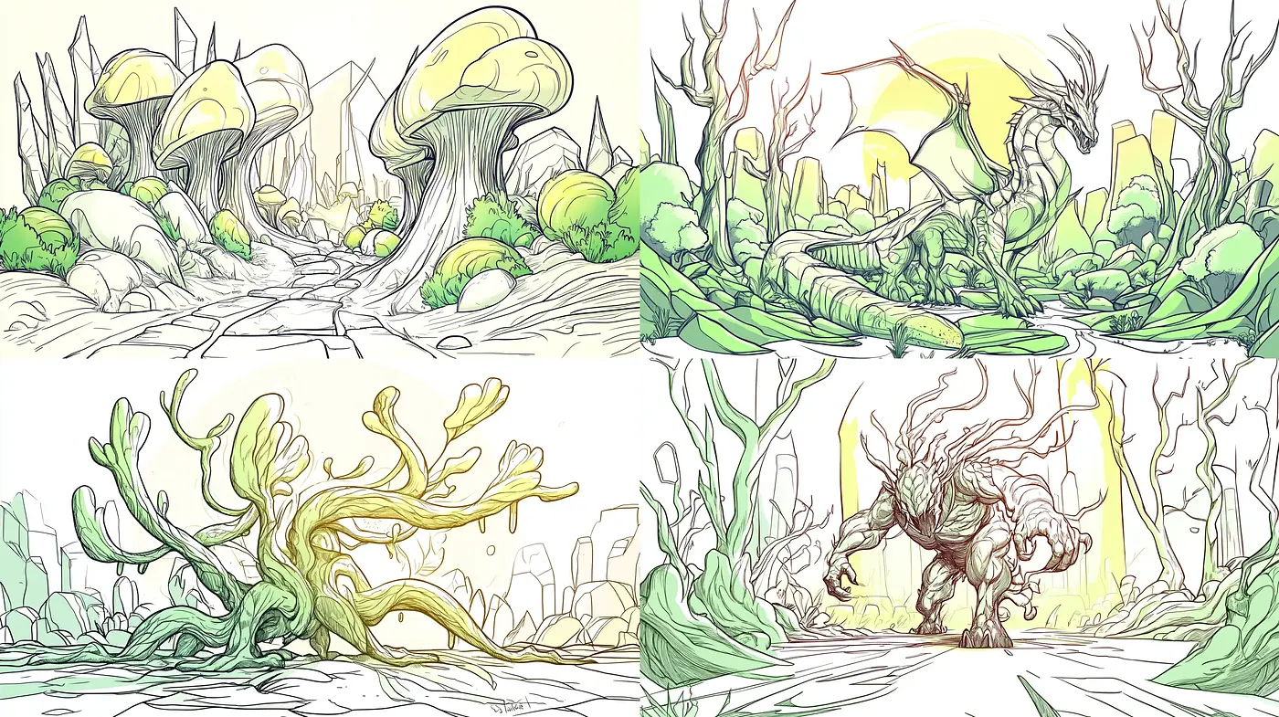 Whimsical Line Art Fantasia with a Pastel Dreamscape Palette - Midjourney sref style