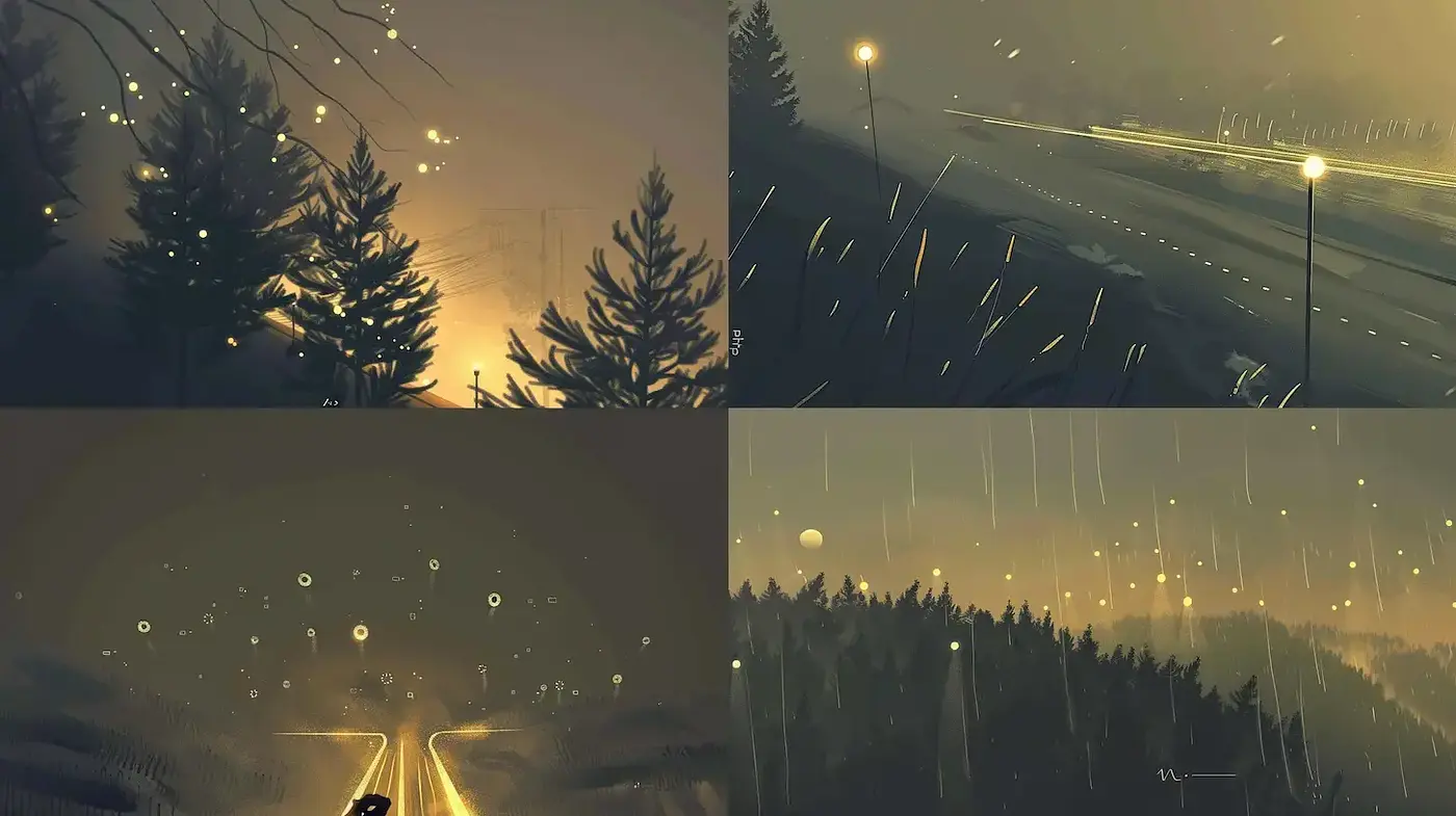 Mysterious nocturnal landscapes with ethereal lighting - Midjourney sref style