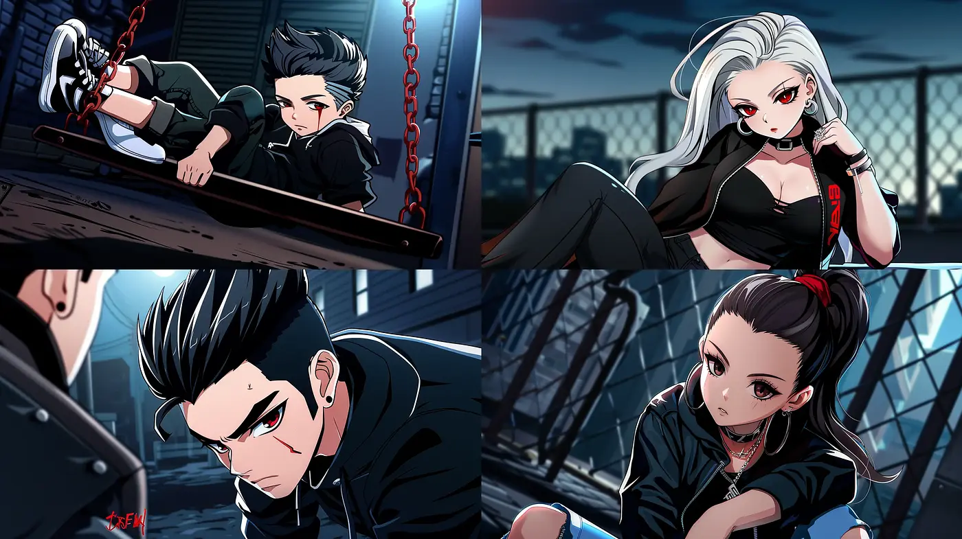 Dynamic Noir-Inspired Anime Aesthetic with Urban Nightlife Motifs - Midjourney sref style