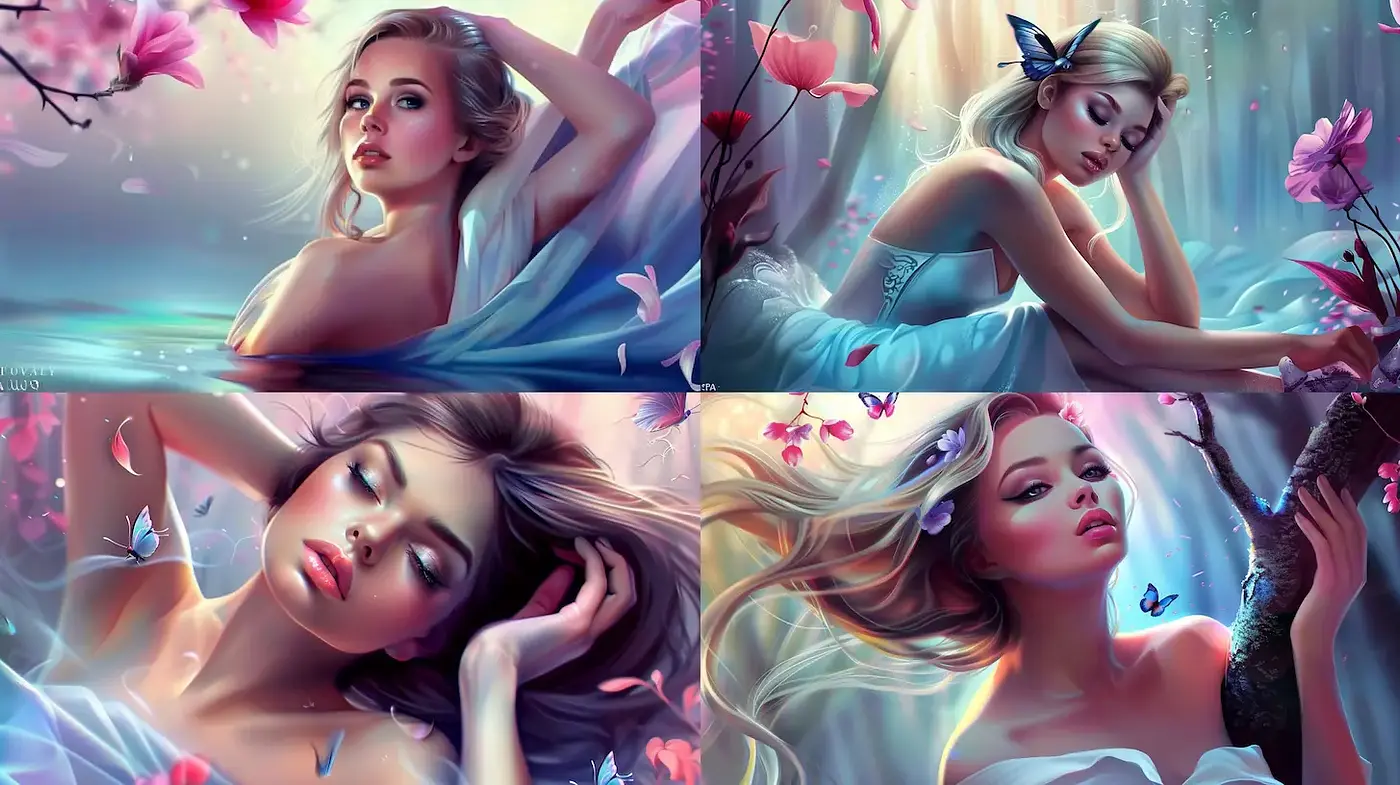 Enchanting ethereal portraits with whimsical floral elements - Midjourney sref style