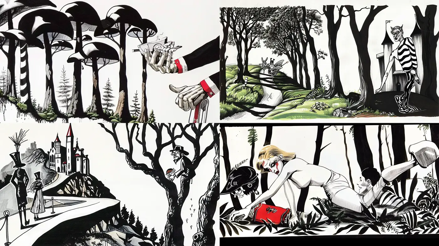 Monochromatic Storybook Enchantment with Surreal Overtones - Midjourney sref style