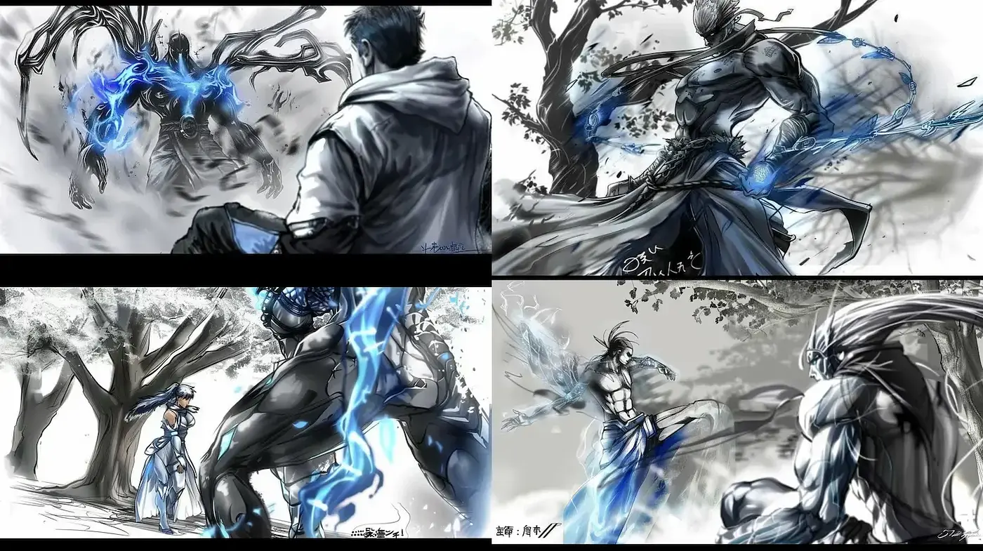 Epic Battle Scenes with Dynamic Energy and Dramatic Lighting - Midjourney sref style