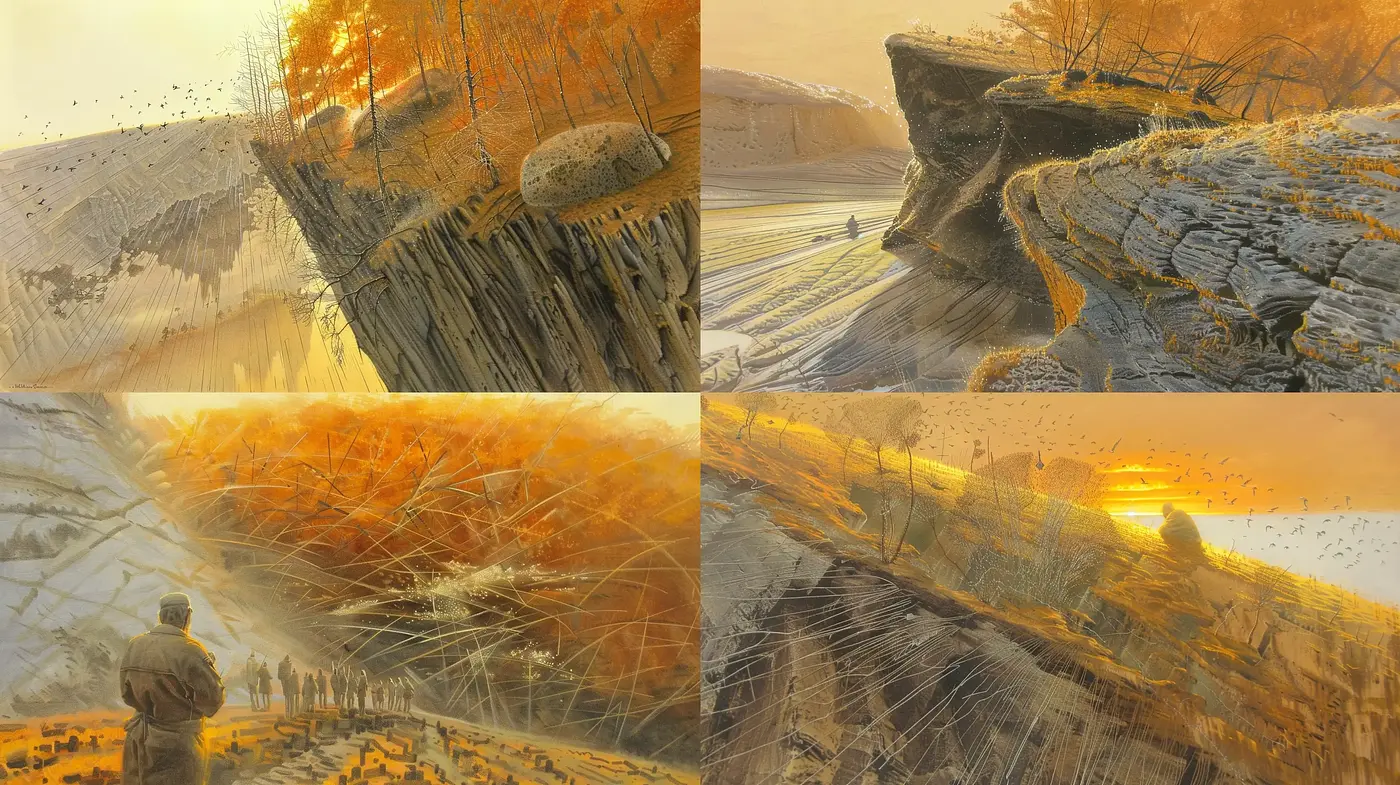Sunset Amber Fields: A Warm Palette of Textured Landscapes - Midjourney sref style
