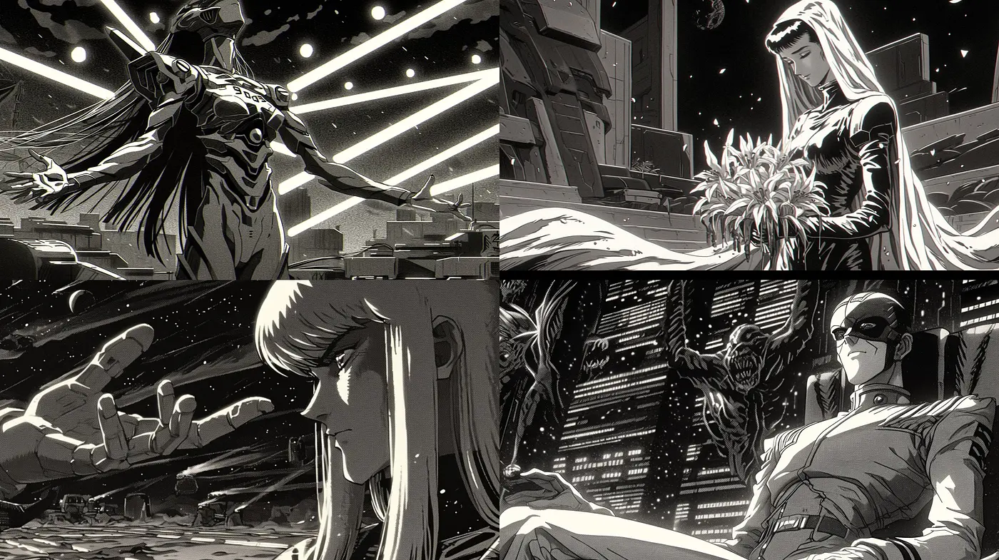 Monochromatic Cyberpunk Dreamscape with Manga Influences - Midjourney sref style