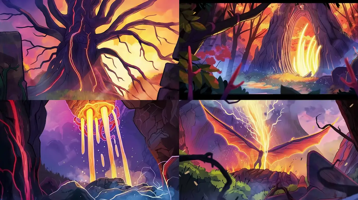 Vivid Fantasy Landscapes with Energetic Elements and Surreal Highlights - Midjourney sref style