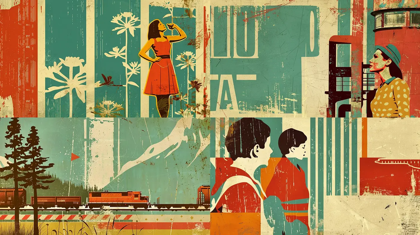 Retro Narrative Collage in Mid-Century Modern Hues - Midjourney sref style