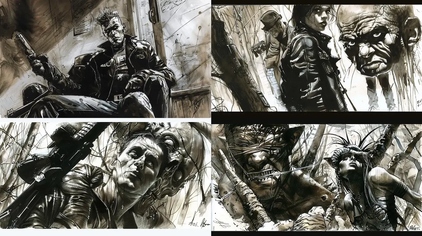 Dynamic and Gritty Illustrations with Dark Undertones - Midjourney sref style