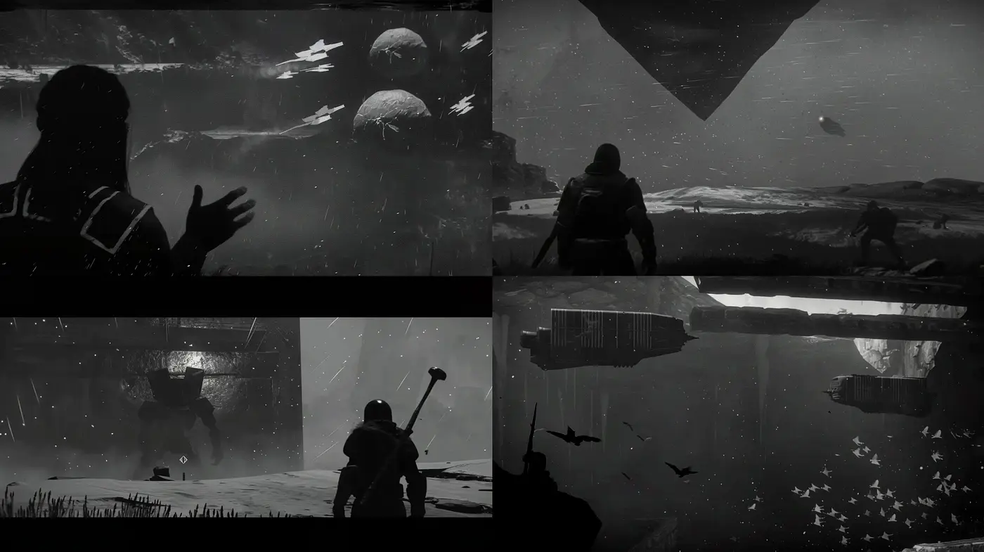 Monochromatic Sci-Fi Cinematic Tableau - Midjourney sref style